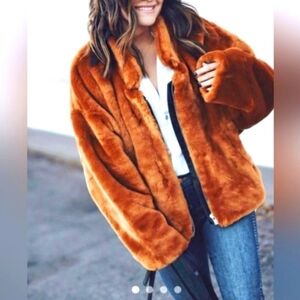 Free People Furry Bomber Jacket Brown/ Orange Zip Up Cozy XS